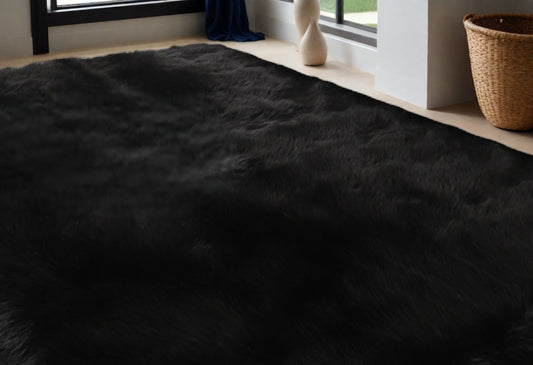 5' x 7' Black Shag Sheepskin Washable Area Rug