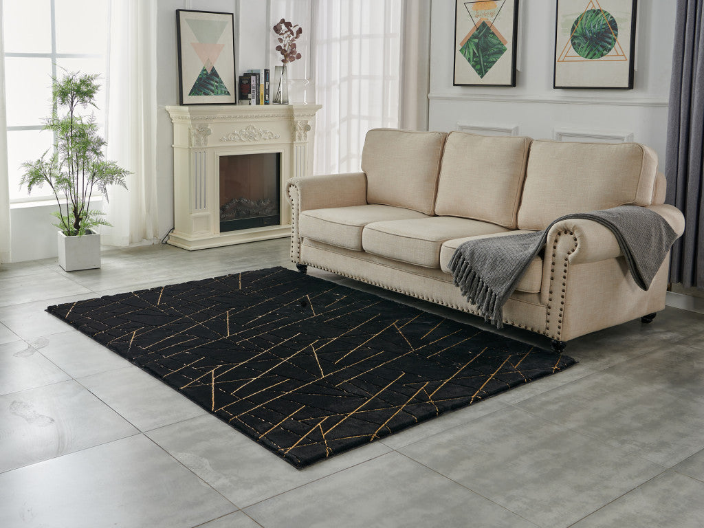 8' x 11' Black and Gold Faux Fur Abstract Shag Non Skid Area Rug