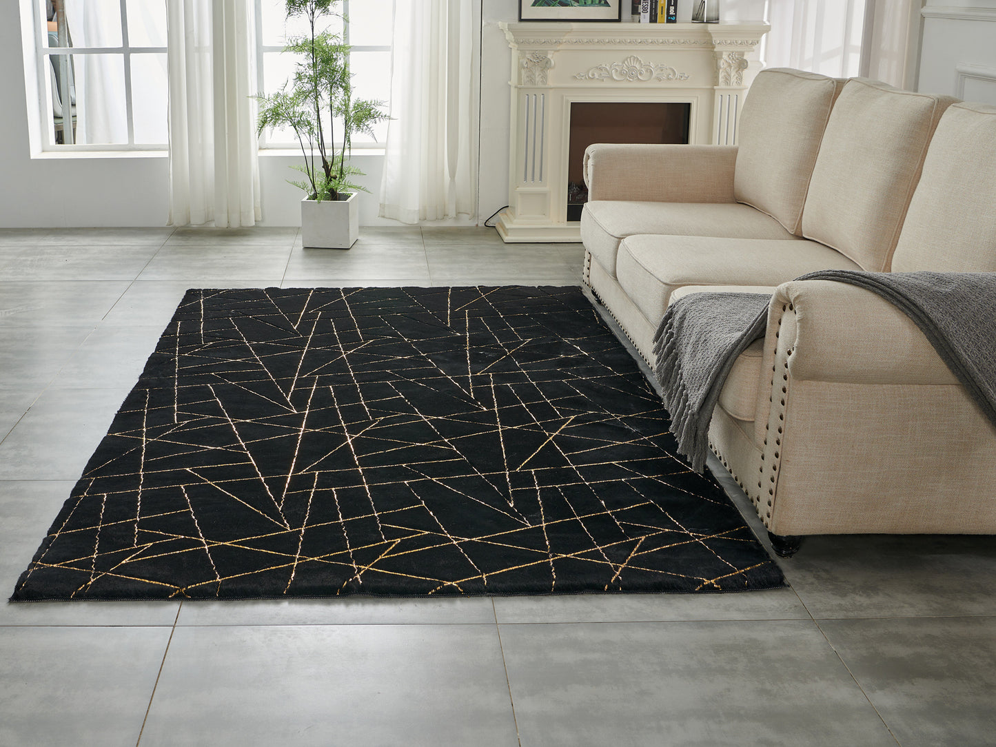 8' x 11' Black and Gold Faux Fur Abstract Shag Non Skid Area Rug