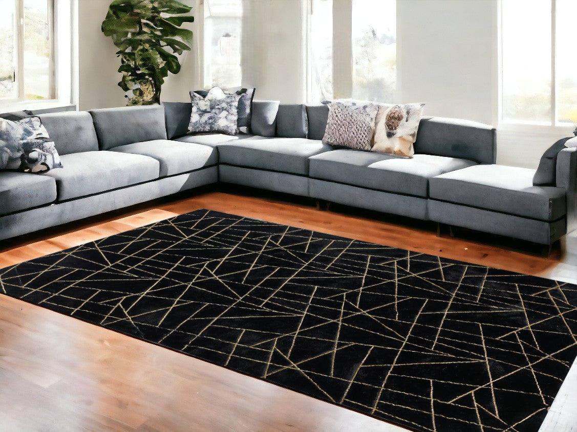 8' x 11' Black and Gold Faux Fur Abstract Shag Non Skid Area Rug