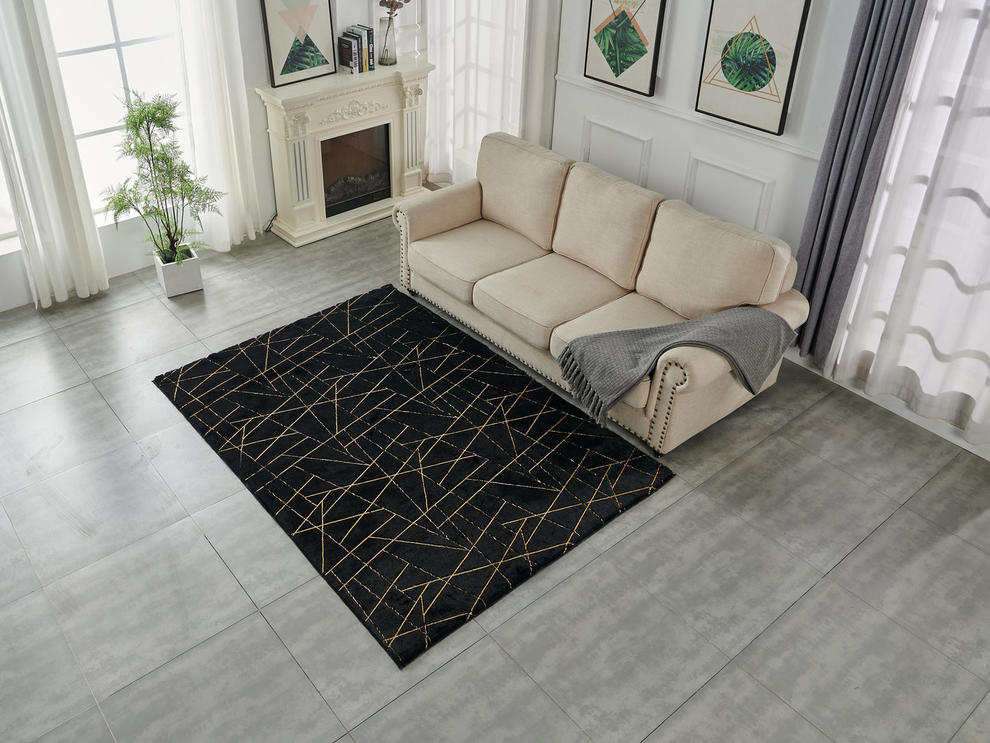 8' x 11' Black and Gold Faux Fur Abstract Shag Non Skid Area Rug