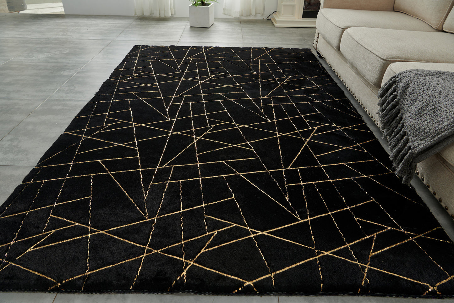 8' x 11' Black and Gold Faux Fur Abstract Shag Non Skid Area Rug