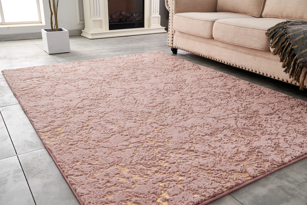 3' X 5' Pink and Gold Faux Fur Abstract Shag Non Skid Area Rug