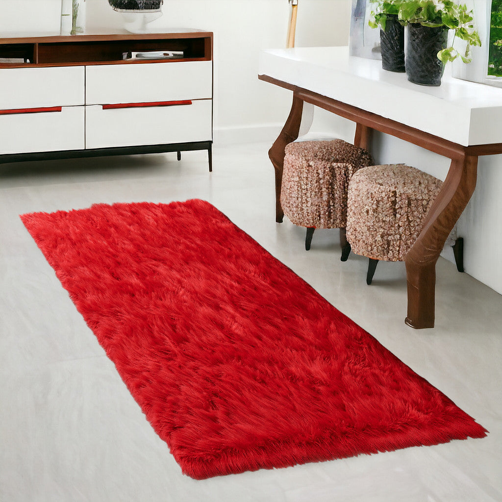 2' X 5' Red Faux Fur Shag Sheepskin Washable Area Rug