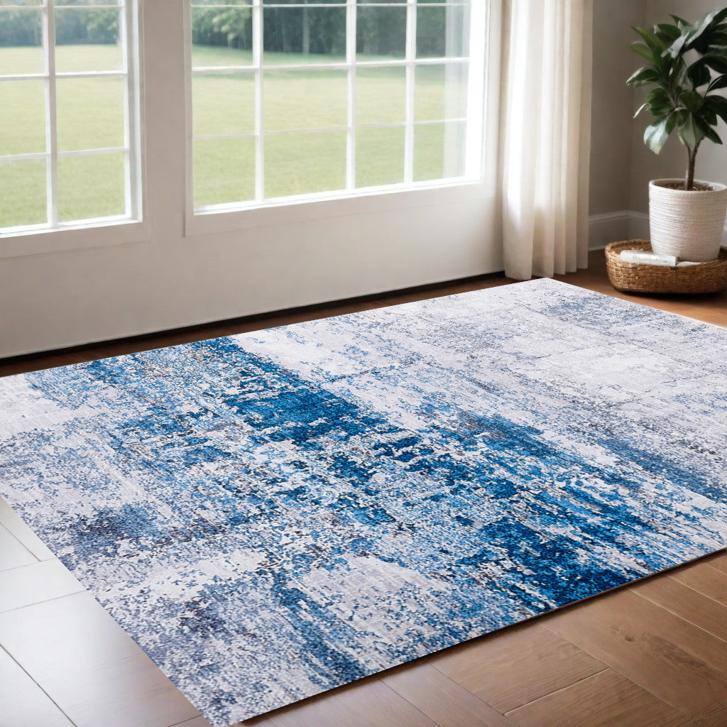 3' X 5' Gray and Blue Abstract Shag Printed Washable Non Skid Area Rug