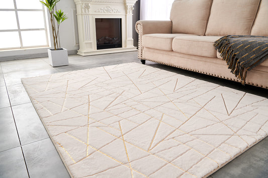 6' x 9' Beige and Gold Faux Fur Abstract Shag Non Skid Area Rug