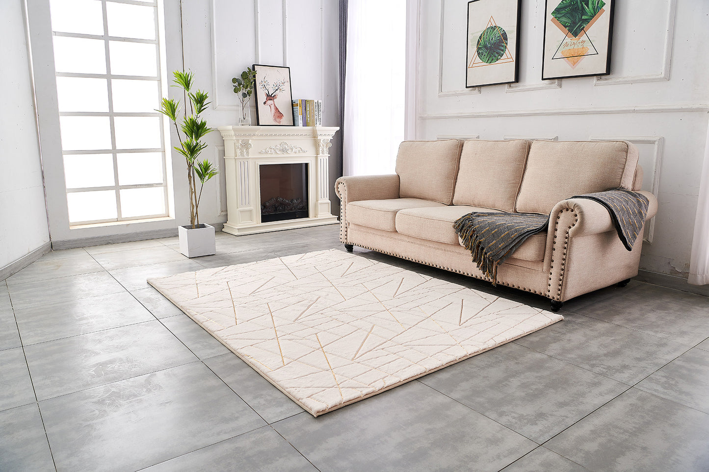 6' x 9' Beige and Gold Faux Fur Abstract Shag Non Skid Area Rug