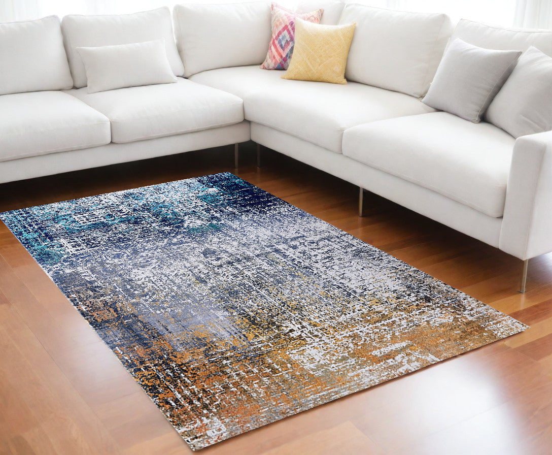 8' x 11' Blue and Silver Abstract Shag Printed Washable Non Skid Area Rug