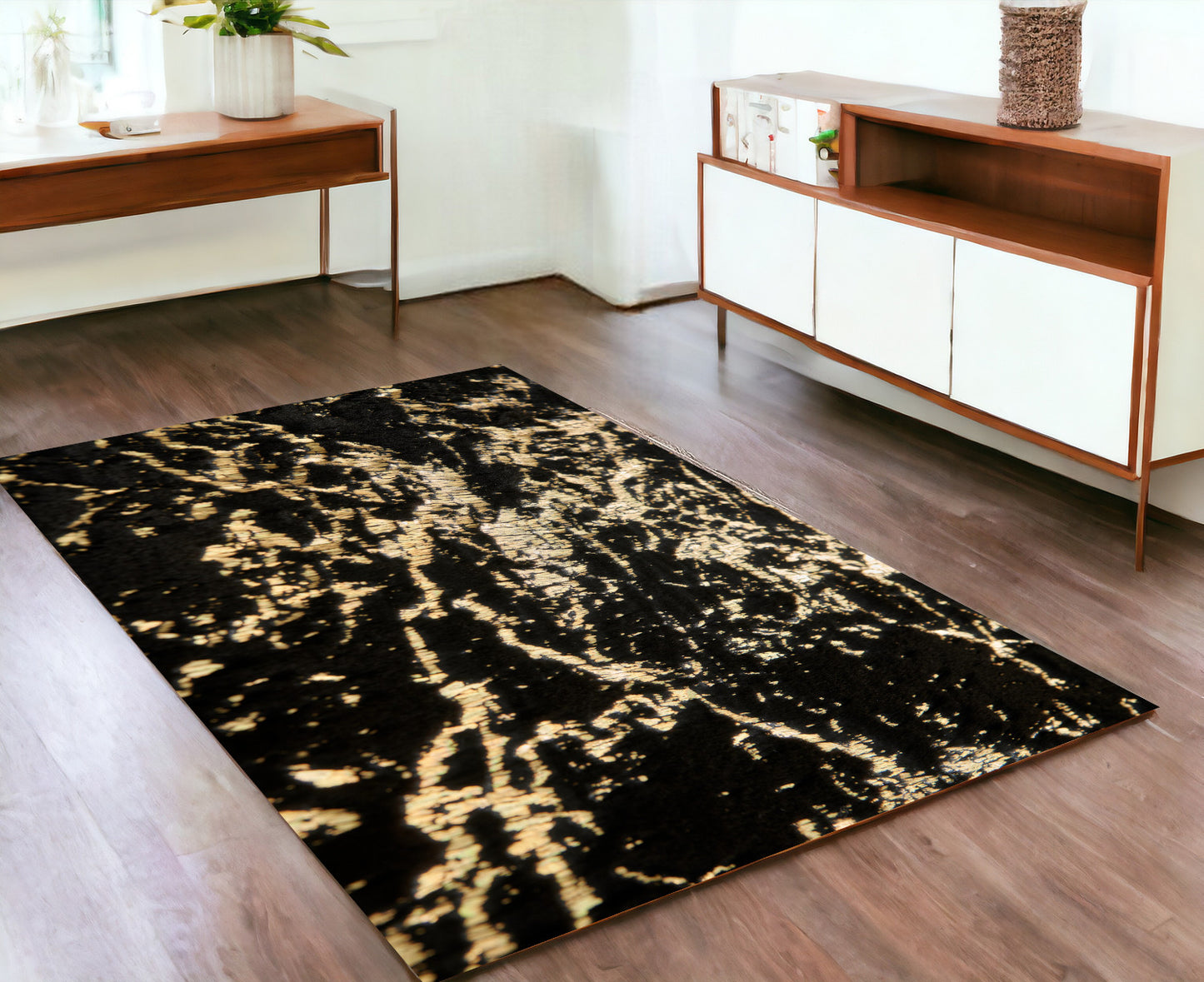 4' x 6' Black and Gold Faux Fur Abstract Shag Non Skid Area Rug