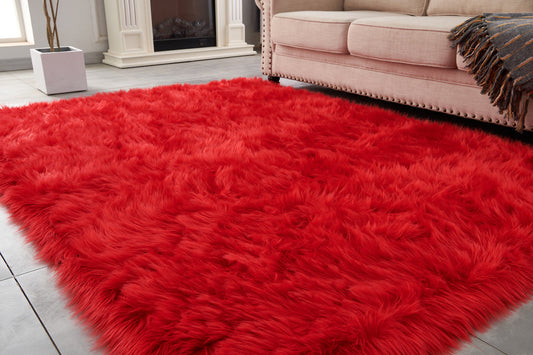 5' x 7' Red Faux Fur Shag Sheepskin Washable Area Rug
