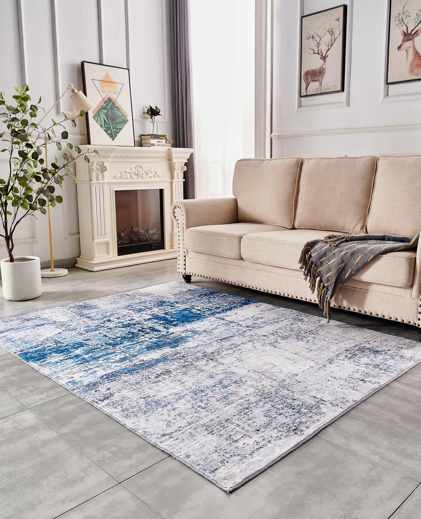 2' x 3' Gray and Blue Abstract Shag Printed Washable Non Skid Area Rug