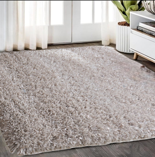 8' x 11' Beige Shag Hand Tufted Area Rug