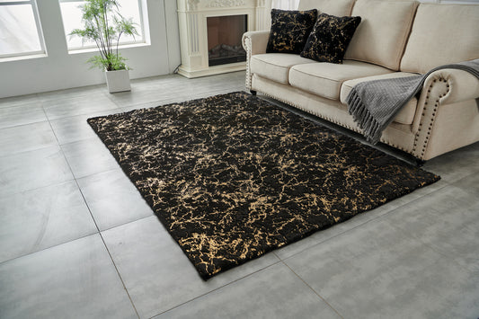 6' x 9' Black and Gold Faux Fur Abstract Shag Non Skid Area Rug