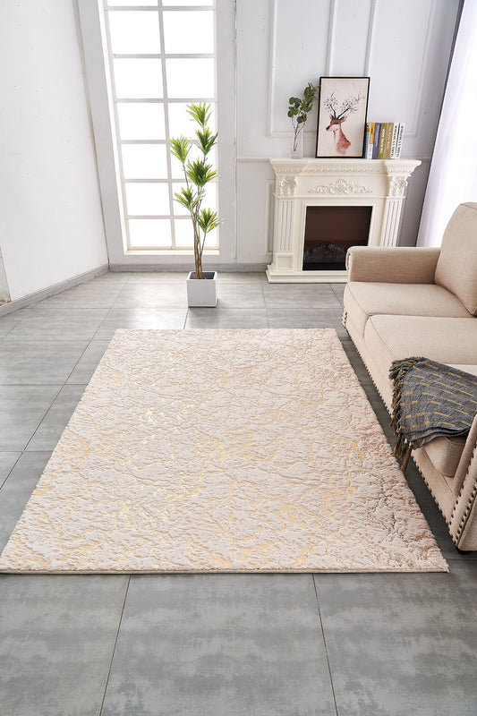 5' x 7' Beige and Gold Faux Fur Abstract Shag Non Skid Area Rug