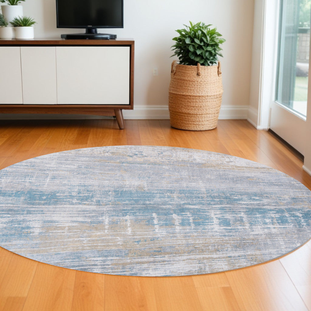 8' Blue and Yellow Round Abstract Non Skid Area Rug