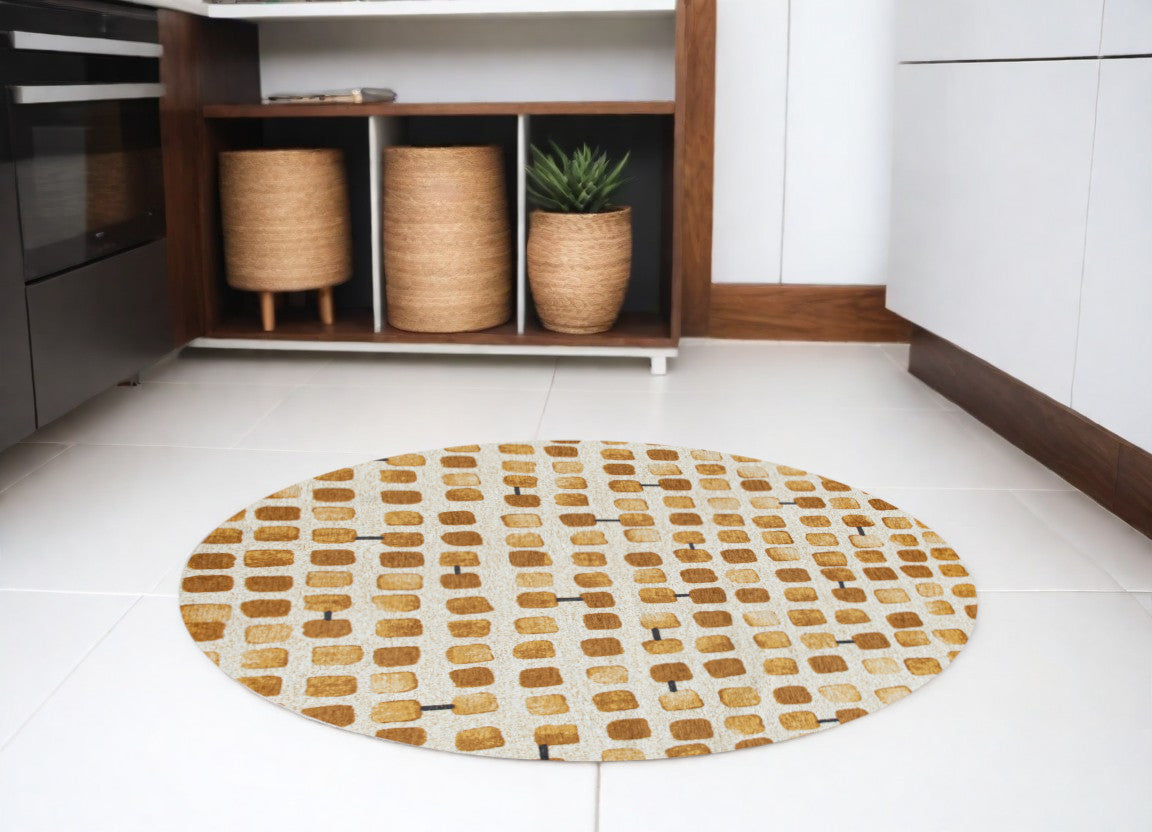 5' Brown and Beige Round Geometric Non Skid Area Rug