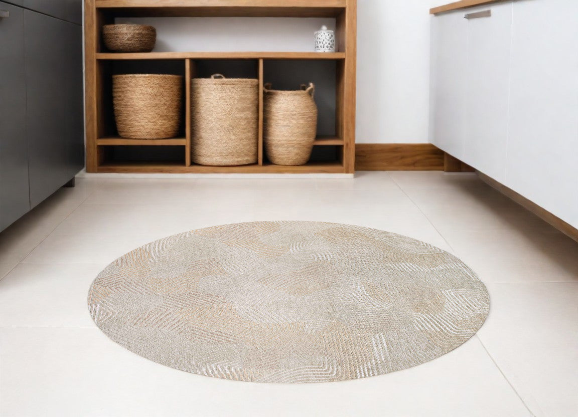8' Beige and White Round Abstract Non Skid Area Rug