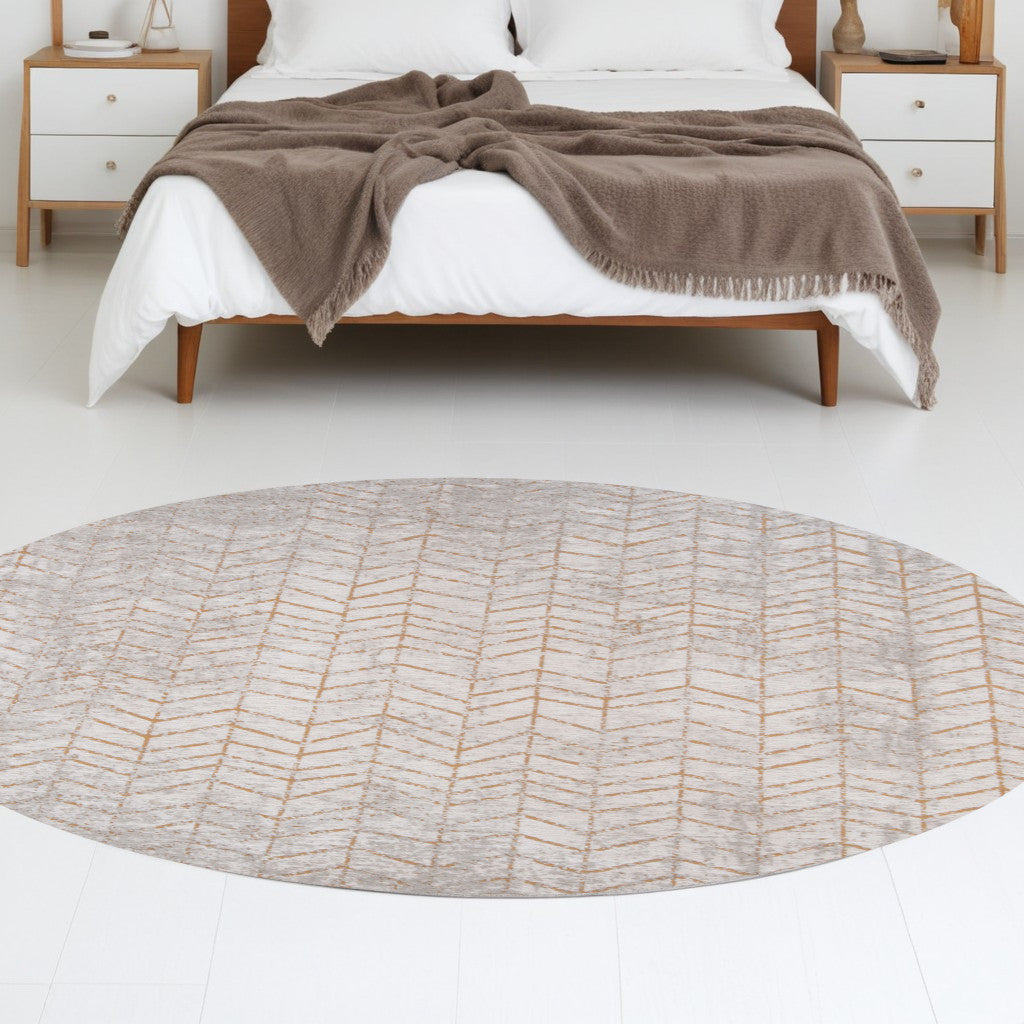 8' Gray and Yellow Round Chevron Non Skid Area Rug