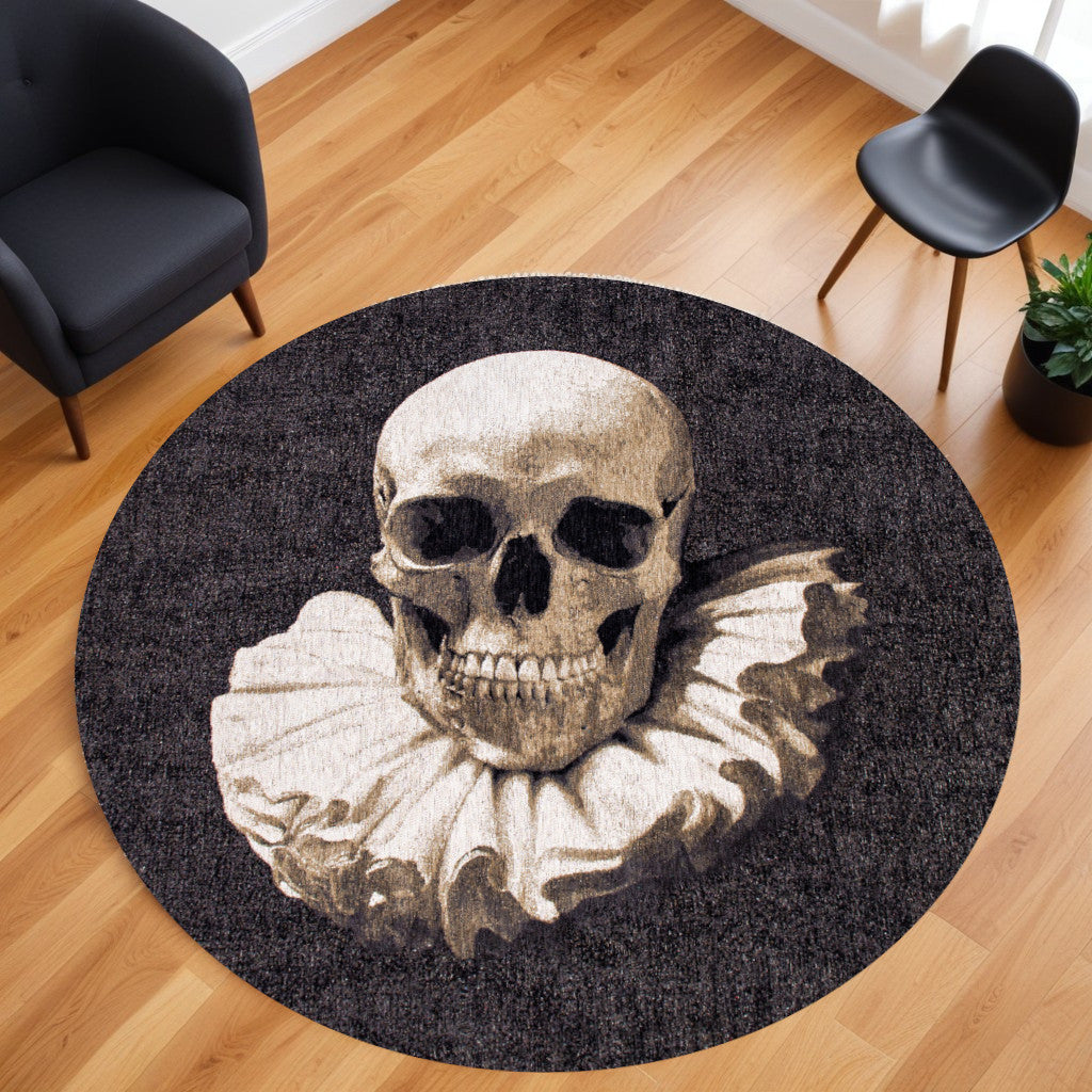 8' Black and White Round Funky Skull Non Skid Area Rug