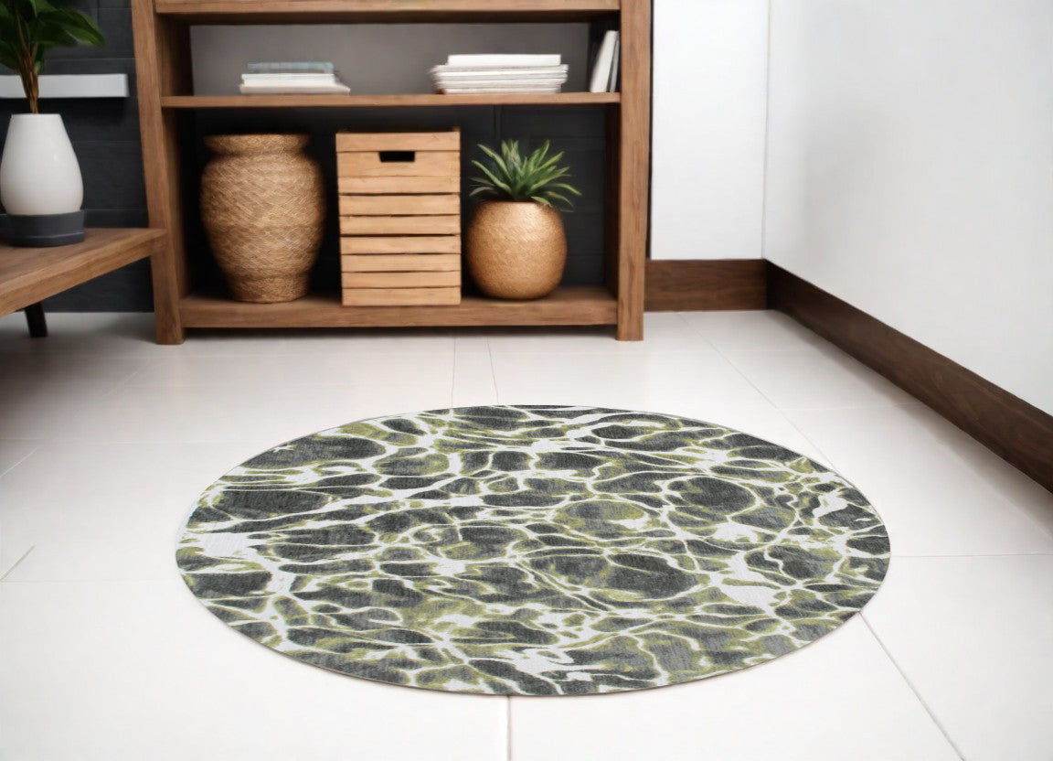 5' Green and White Round Abstract Non Skid Area Rug