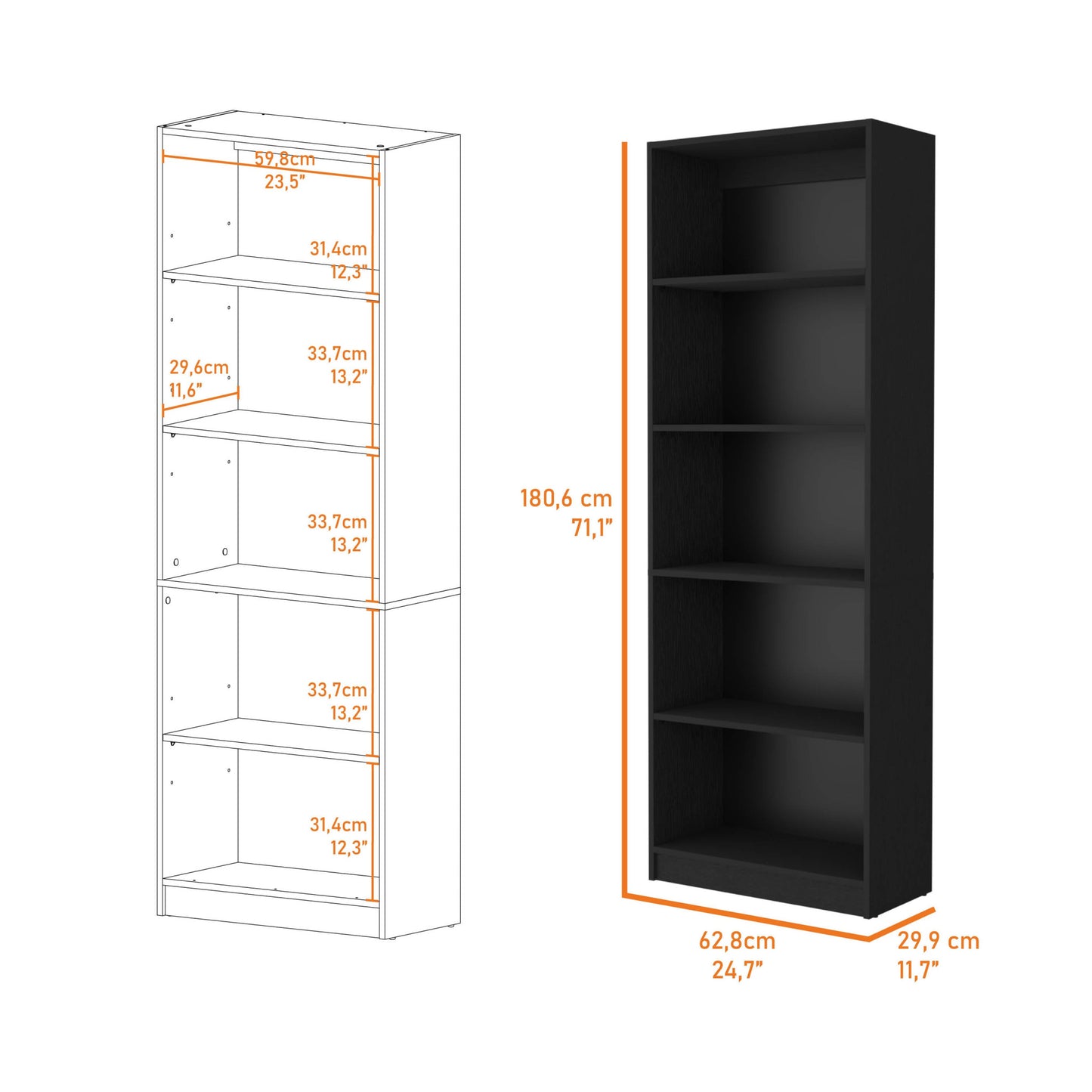 71" Black Five Tier Bookcase