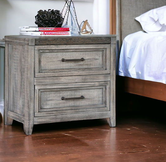 28" Gray Two Drawer Solid Wood Nightstand