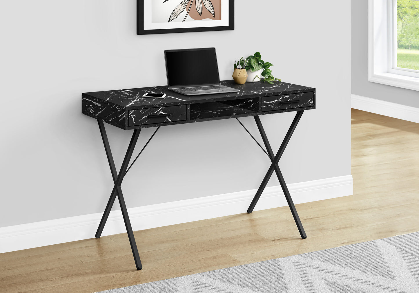 42" Black and White and Black Computer Desk With Two Drawers