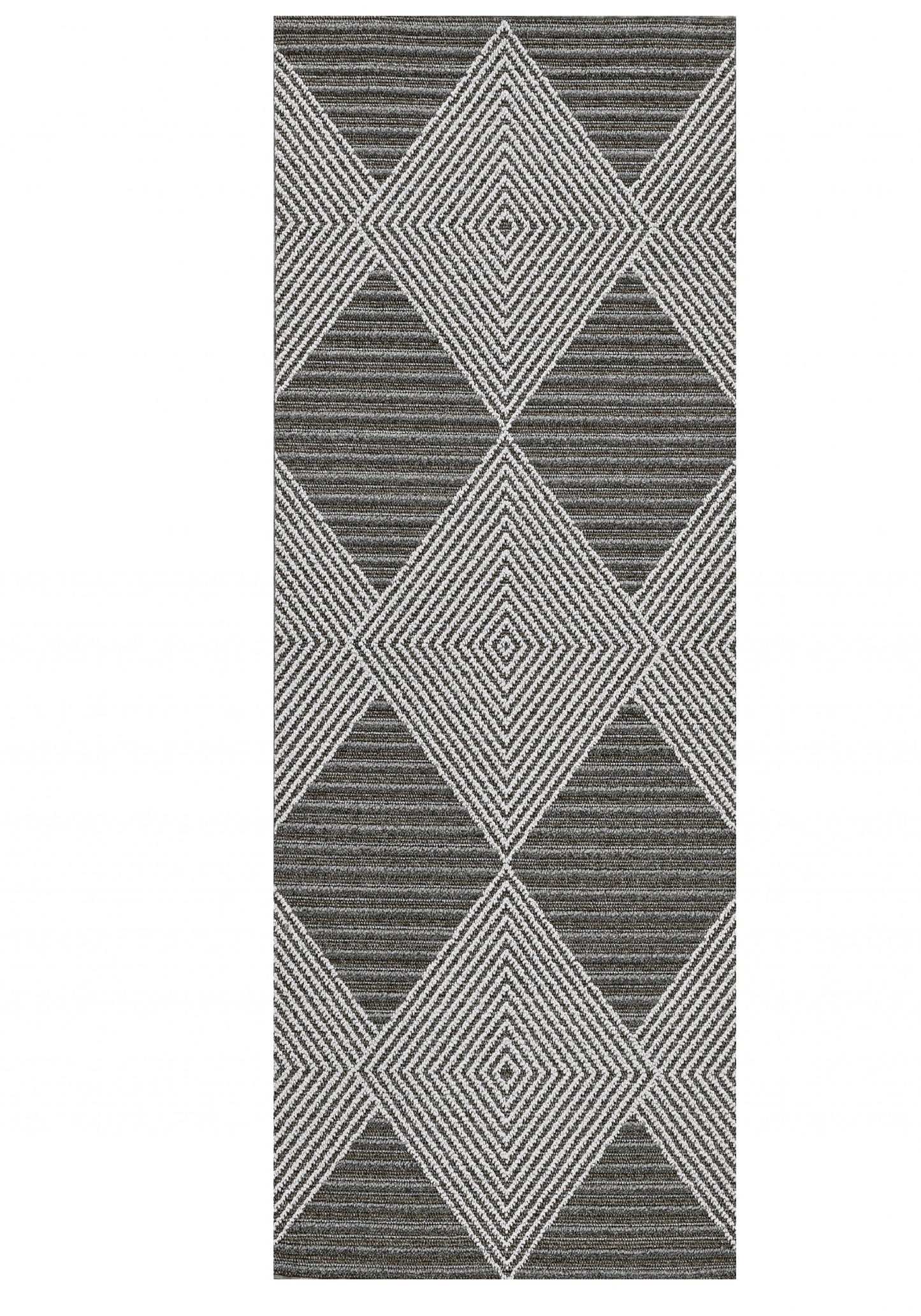 8' Grey Ivory Machine Woven Uv Treated Diamonds Indoor Outdoor Runner Rug