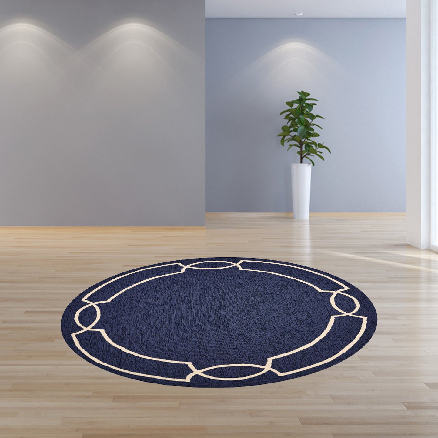 7' Ocean Blue Hand Hooked Uv Treated Bordered Round Indoor Outdoor Area Rug