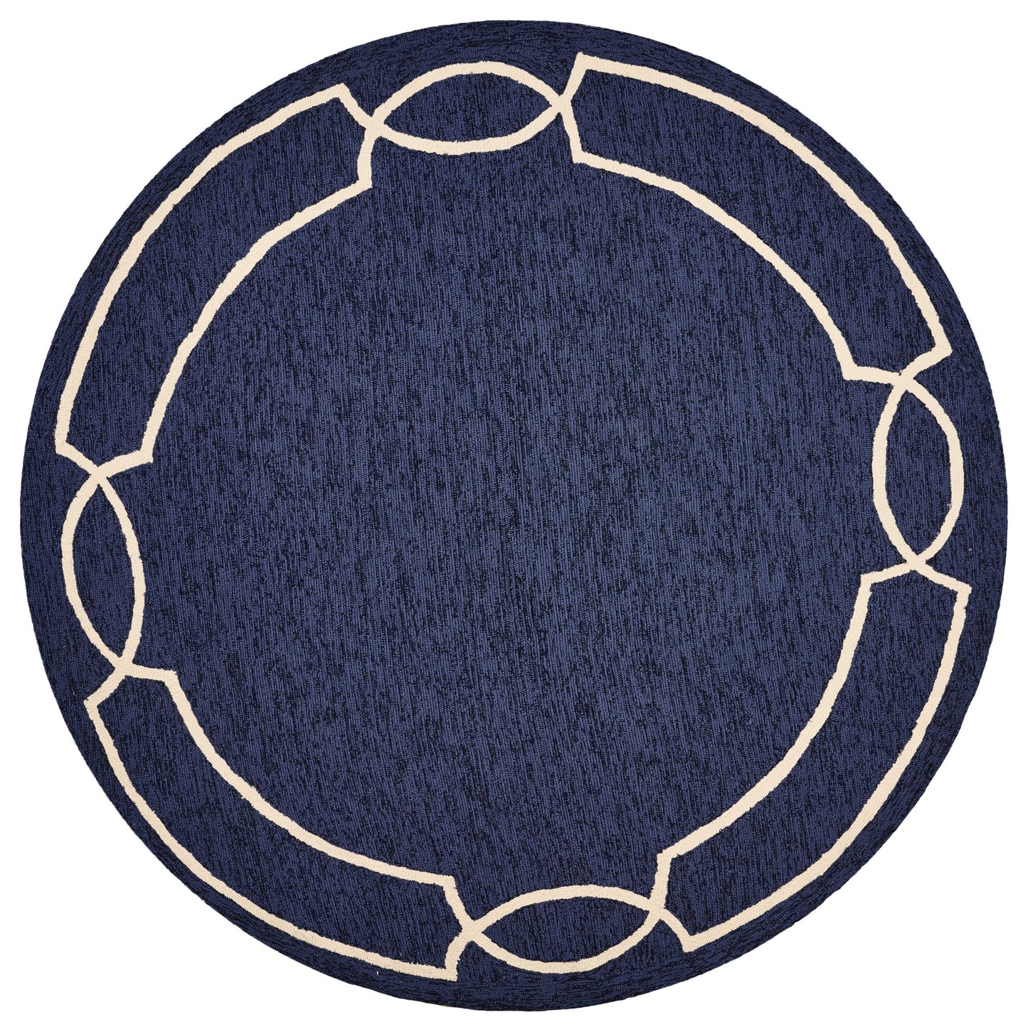 7' Ocean Blue Hand Hooked Uv Treated Bordered Round Indoor Outdoor Area Rug