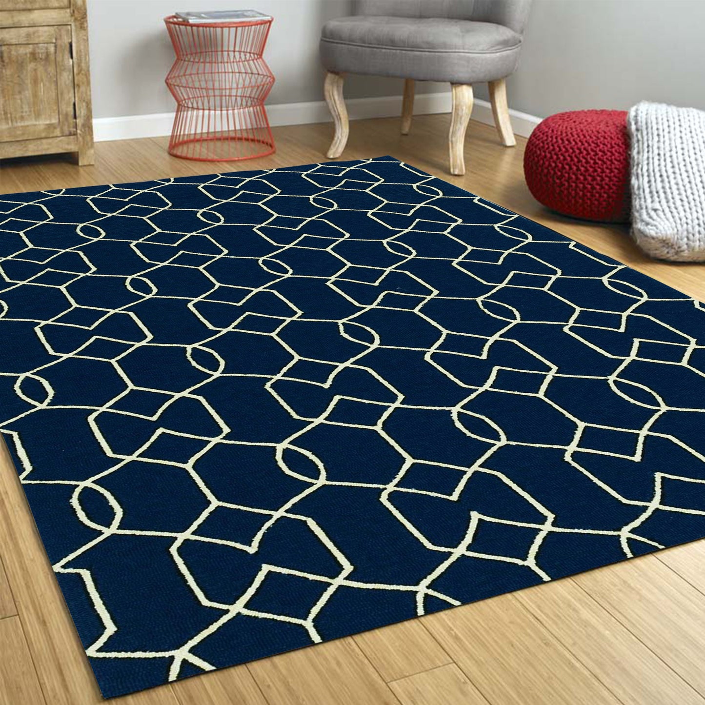 7'X10' Navy Blue Hand Hooked Uv Treated Trellis Indoor Outdoor Area Rug