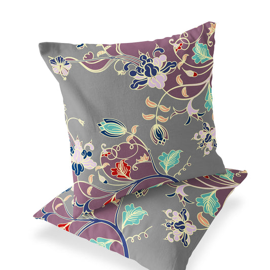 Set of Two 18" Purple Botanical Indoor Outdoor Throw Pillow Cover and Insert