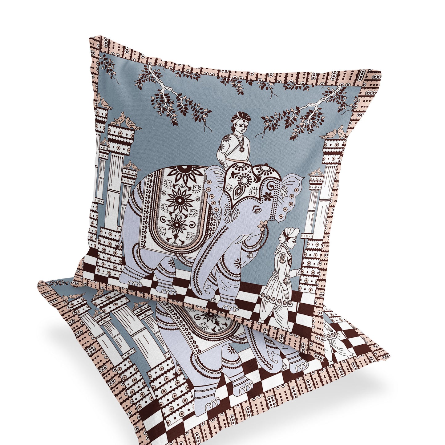 Set of Two 18" Blue Elephant Indoor Outdoor Throw Pillow Cover and Insert