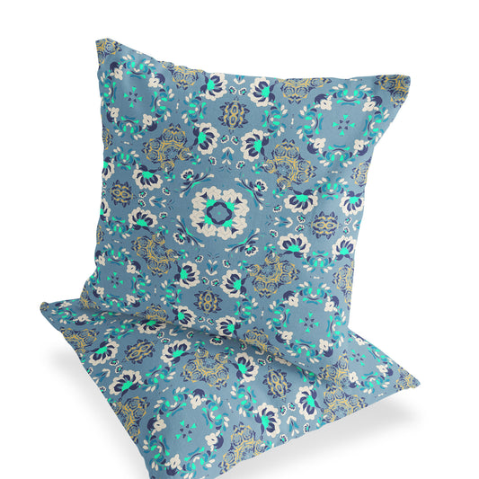 Set of Two 18" Blue Botanical Indoor Outdoor Throw Pillow Cover and Insert