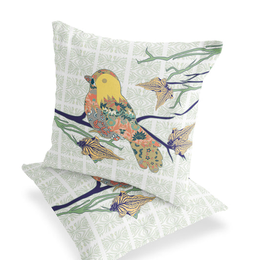 Set of Two 18" Green Bird Indoor Outdoor Throw Pillow Cover and Insert