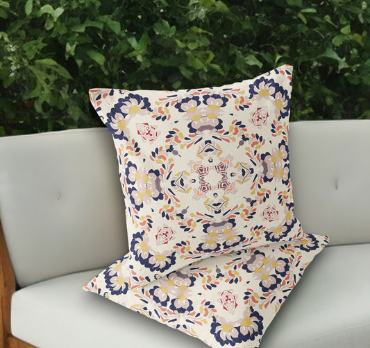 Set of Two 18" White Geometric Indoor Outdoor Throw Pillow Cover and Insert