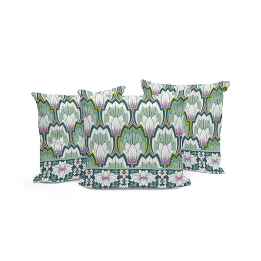 Set of Three 16" Green and Pink Botanical Indoor Outdoor Throw Pillow Cover and Insert