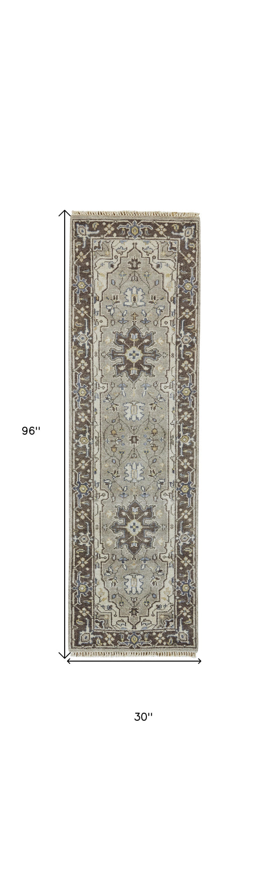 8' Beige Blue and Gray Medallion Hand Knotted Runner Rug With Fringe