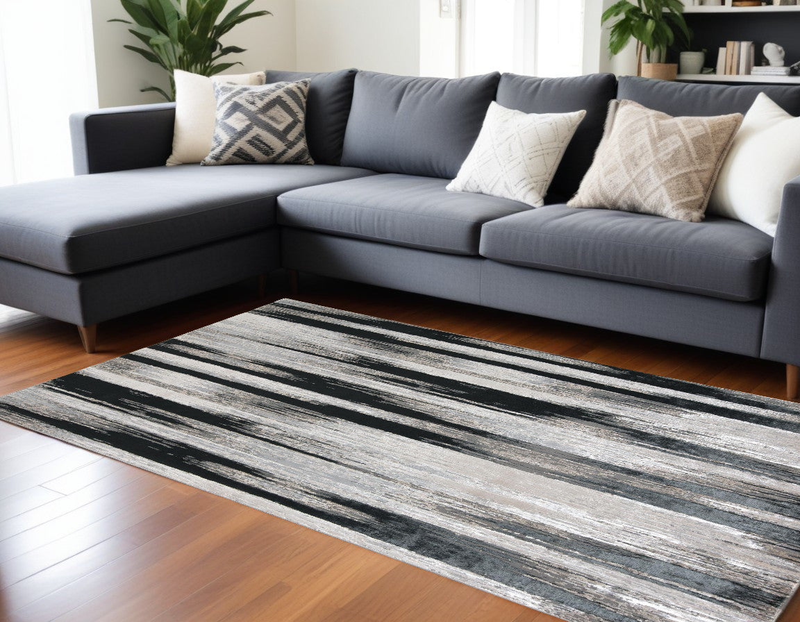 12' X 18' Black Silver and Gray Abstract Power Loom Area Rug