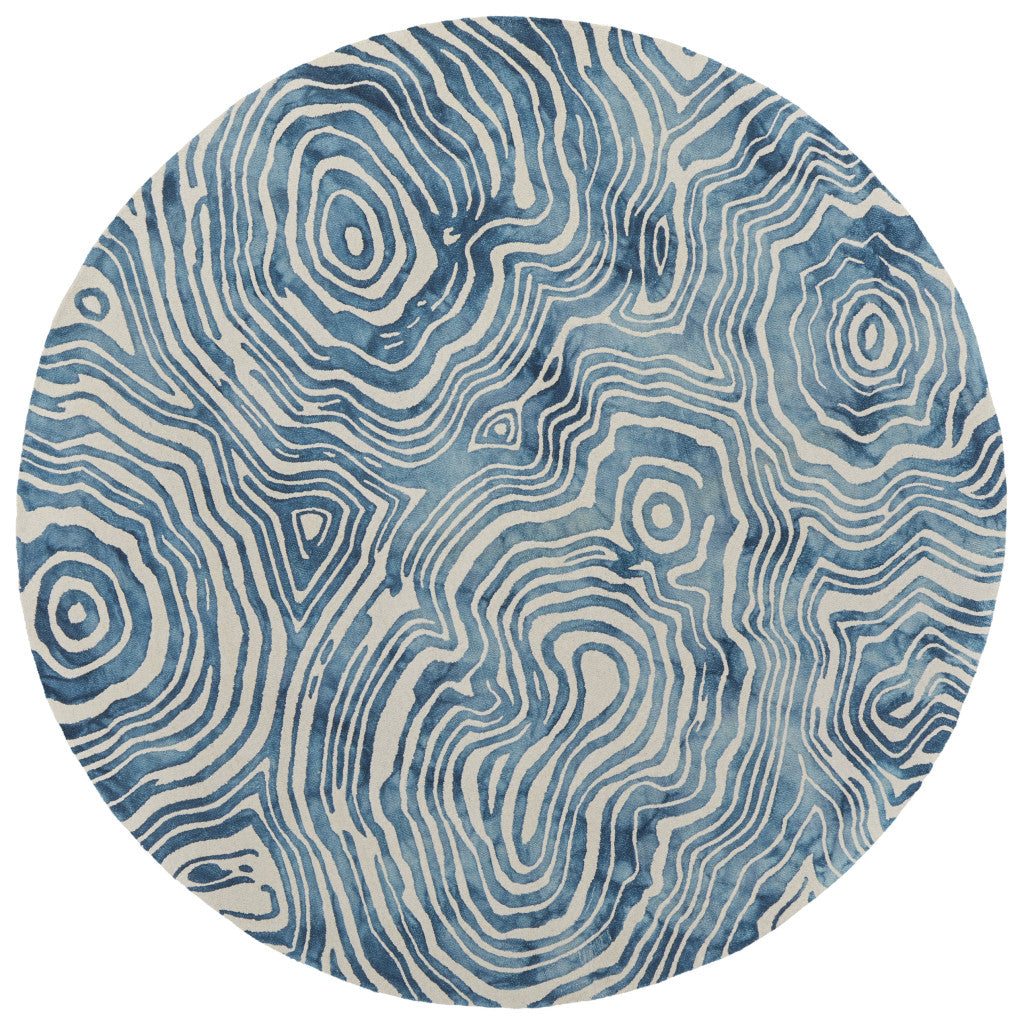 10' Ivory and Blue Round Geometric Hand Tufted Area Rug