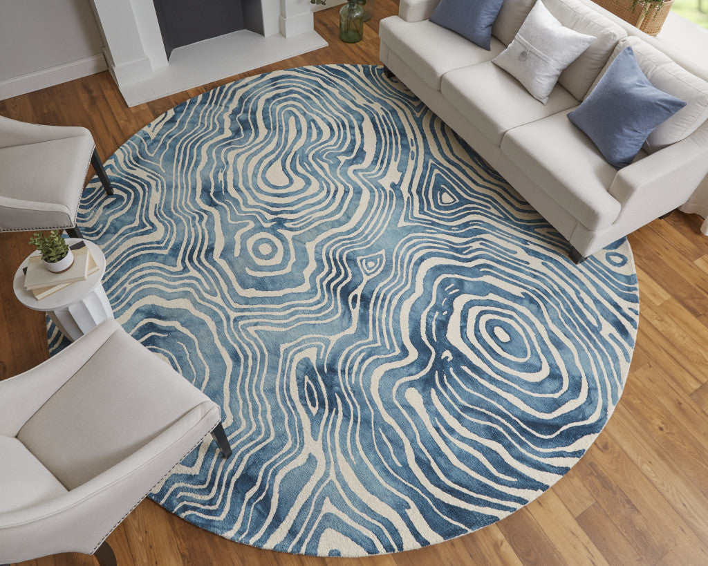 10' Ivory and Blue Round Geometric Hand Tufted Area Rug