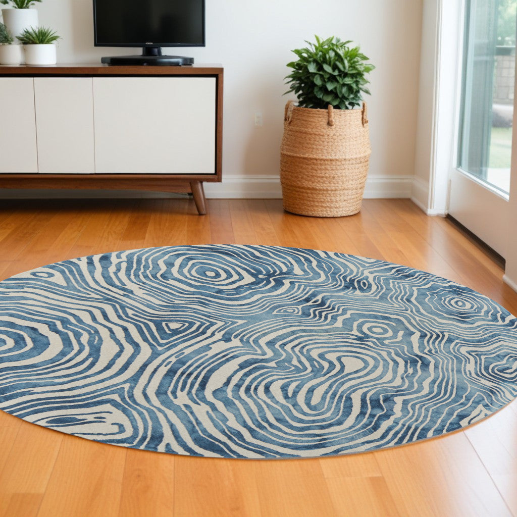 10' Ivory and Blue Round Geometric Hand Tufted Area Rug