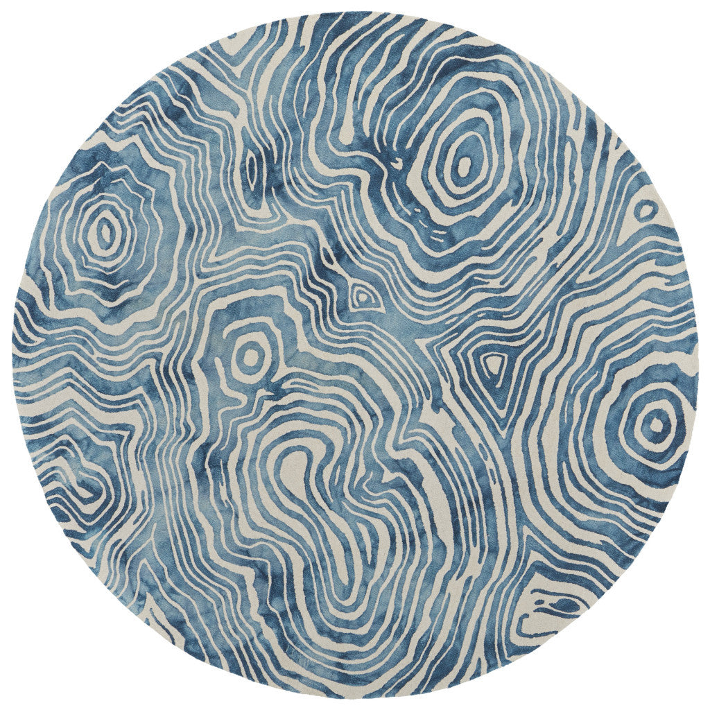 10' Ivory and Blue Round Geometric Hand Tufted Area Rug