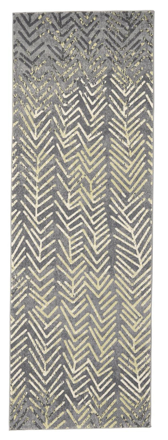 8' Gray and Yellow Geometric Power Loom Distressed Runner Rug