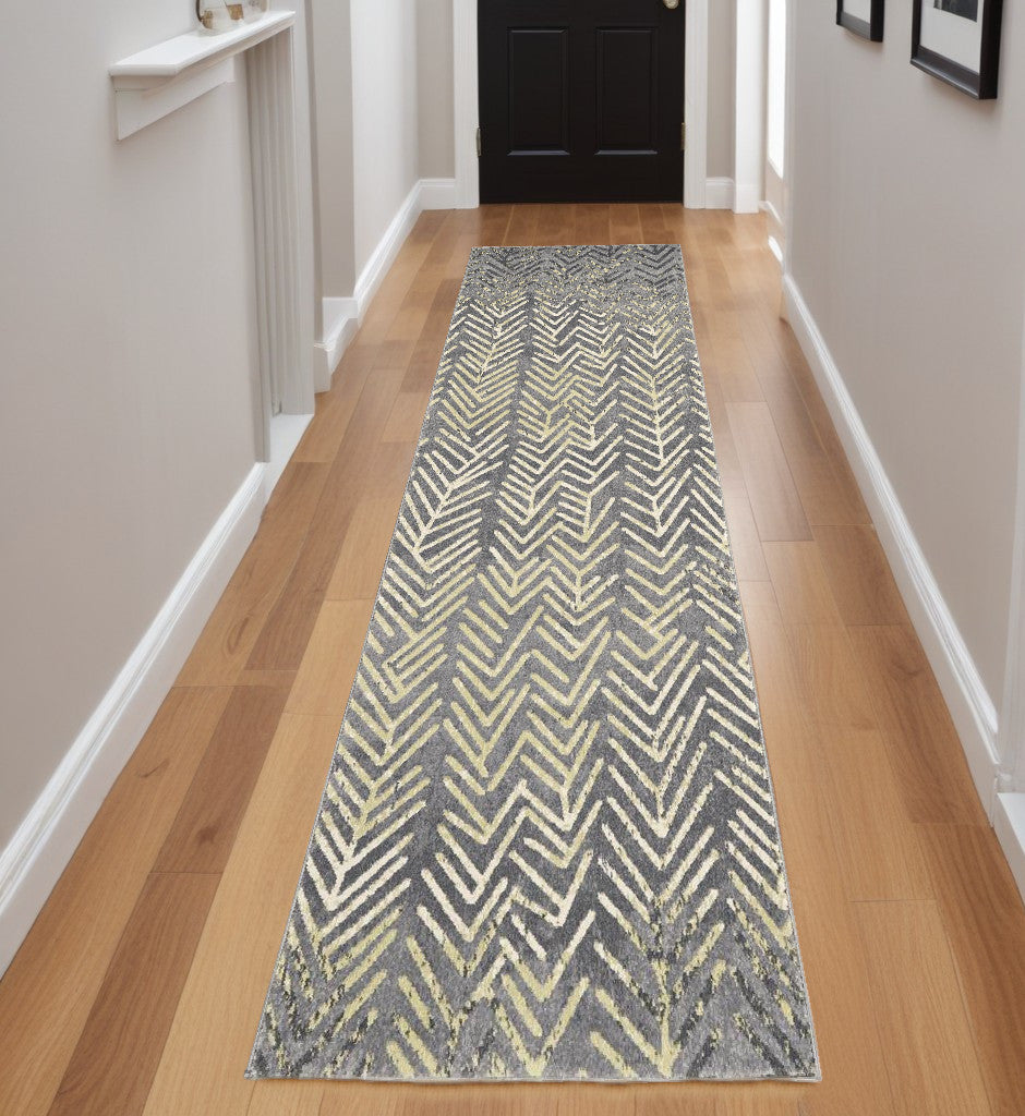 8' Gray and Yellow Geometric Power Loom Distressed Runner Rug