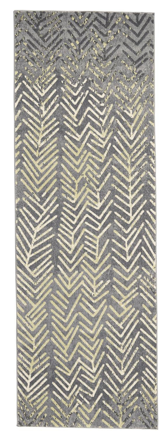 8' Gray and Yellow Geometric Power Loom Distressed Runner Rug