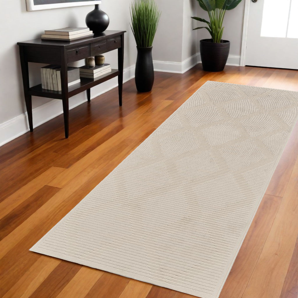 8' Ivory and Tan Geometric Power Loom Runner Rug