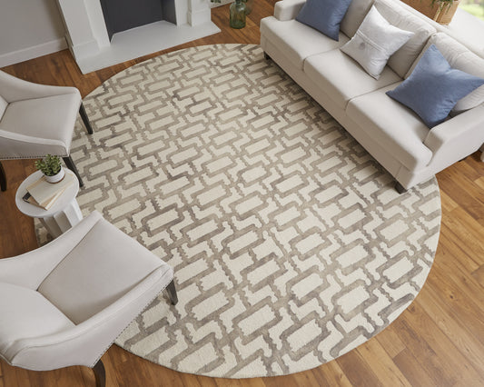 10' Ivory and Tan Round Trellis Hand Tufted Area Rug