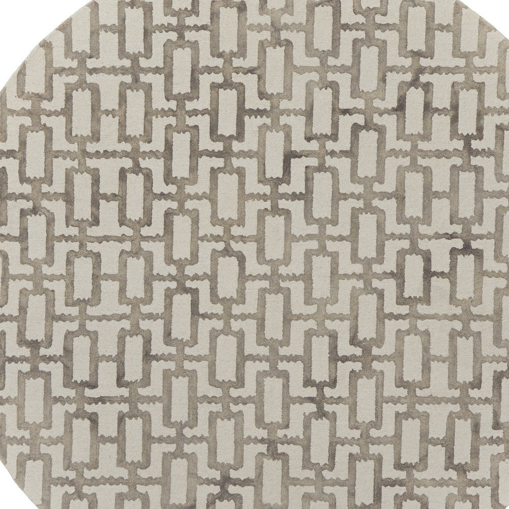 10' Ivory and Tan Round Trellis Hand Tufted Area Rug