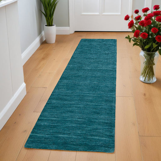 8' Blue and Green Hand Woven Runner Rug